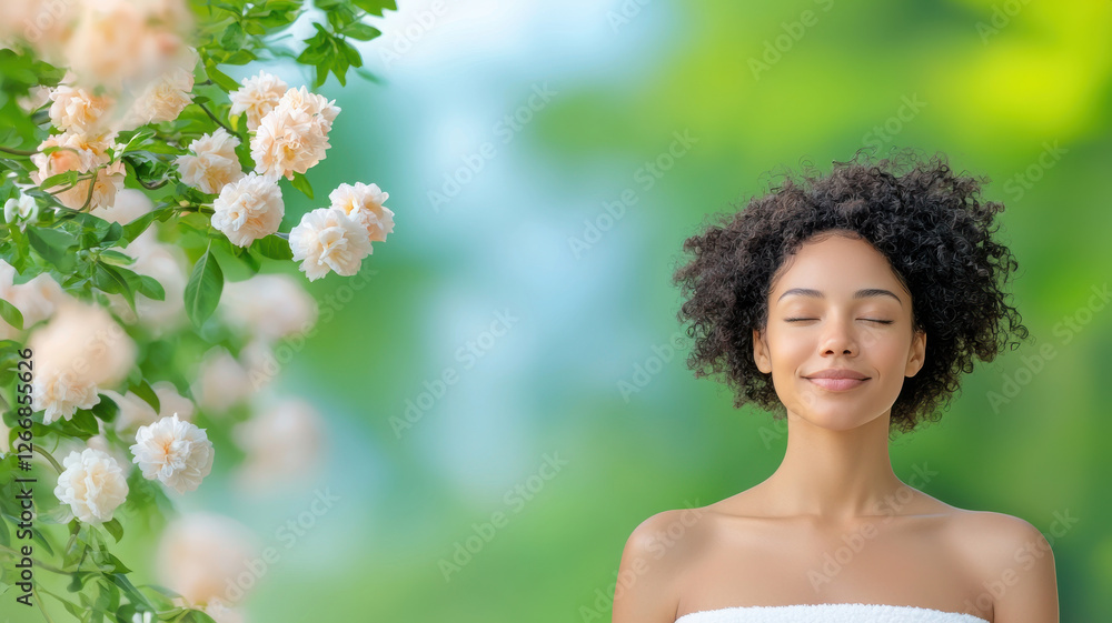 serene black woman with natural hair enjoys peaceful moment surrounded by blooming flowers and lush greenery serene black woman with natural hair enjoys peaceful moment surrounded by blooming flowers and lush greenery