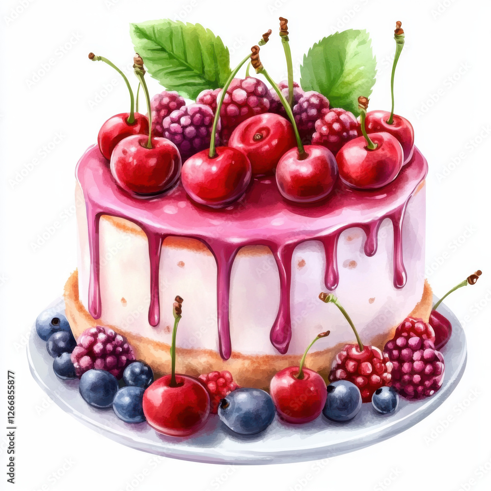 Beautiful cartoon cake with cherries and various berries in watercolor style Beautiful cartoon cake with cherries and various berries in watercolor style