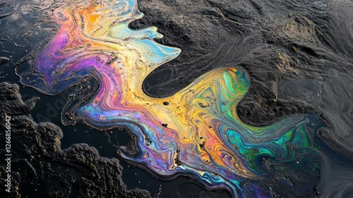 A mesmerizing oil spill creates an iridescent rainbow pattern on a dark textured ground