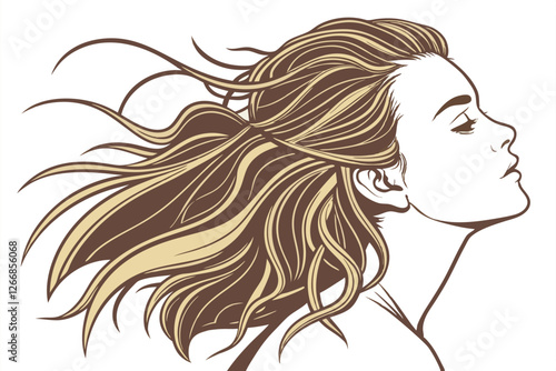  A realistic digital illustration of a single, long, wavy, and voluminous brown hair, styled in loose, flowing strands that appear to be in motion. The hair has a golden sheen and a slight gradient
