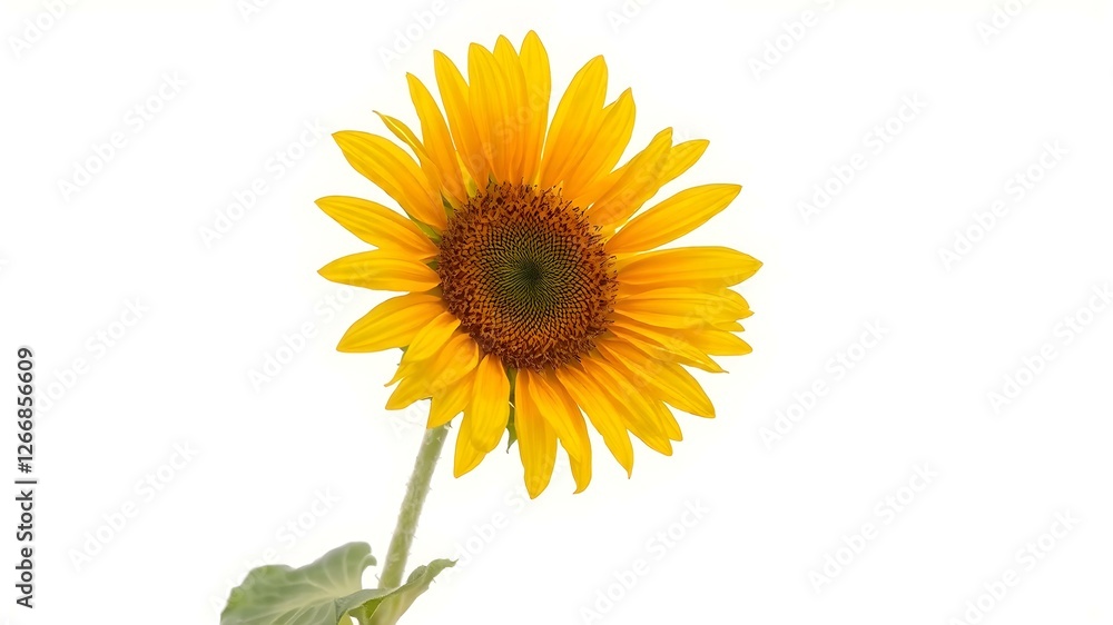 Sunflower Bloom: A single vibrant sunflower, its golden petals unfurling in a burst of color, stands out against a clean, white background. Its dark center adds depth and contrast, symbolizing joy. Sunflower Bloom: A single vibrant sunflower, its golden petals unfurling in a burst of color, stands out against a clean, white background. Its dark center adds depth and contrast, symbolizing joy.