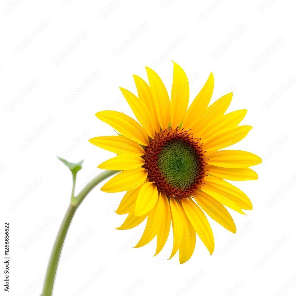 Fototapeta premium Sunflower Elegance: A solitary sunflower blooms brightly, its vibrant yellow petals and contrasting green center radiating joy and warmth against a clean white background.