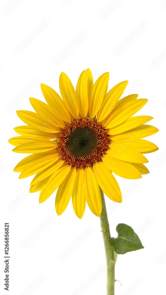 Obraz premium Radiant Sunflower: A single, vibrant sunflower blossoms against a clean background, showcasing its bright yellow petals and rich brown center. Its simplicity speaks volumes. 