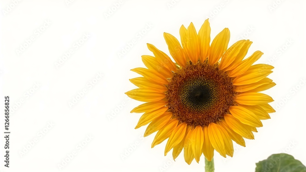 Sunshine in Bloom: A vibrant, yellow sunflower blossoms against a bright, white backdrop, showcasing its radiant beauty and optimistic energy. The flower's swirling petals, a symbol of joy and warmth. Sunshine in Bloom: A vibrant, yellow sunflower blossoms against a bright, white backdrop, showcasing its radiant beauty and optimistic energy. The flower's swirling petals, a symbol of joy and warmth.