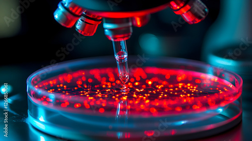 of a gloved hand holding a test tube filled with a glowing blue liquid 