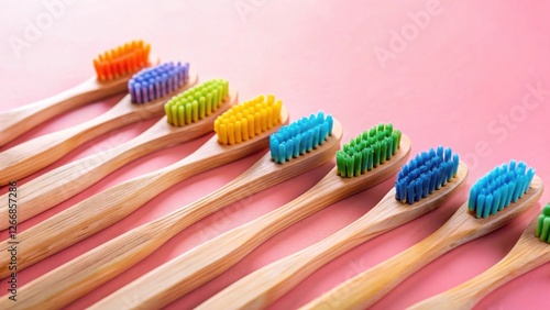 A vibrant array of eco-friendly bamboo toothbrushes with colorful bristles arranged in a neat row on a soft pink background photo