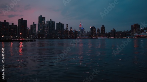 Serene evening skyline view of a vibrant city reflecting on calm waters, showcasing urban architecture and lights photo