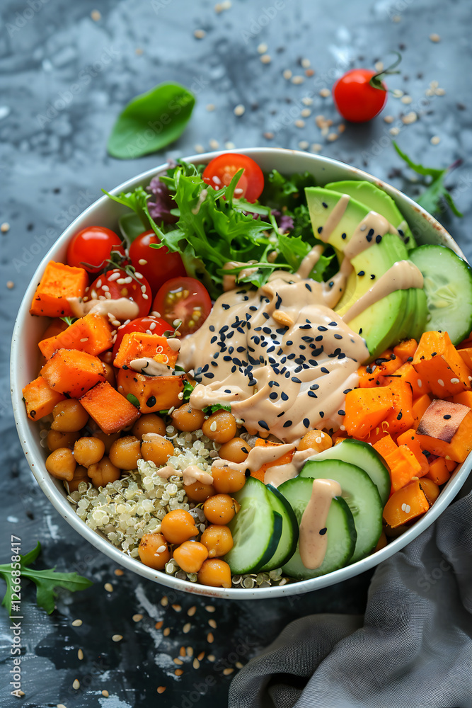 Colorful Vegan Buddha Bowl with Quinoa, Chickpeas, Avocado, and Fresh Vegetables - A Nutritious and Wholesome Meal Colorful Vegan Buddha Bowl with Quinoa, Chickpeas, Avocado, and Fresh Vegetables - A Nutritious and Wholesome Meal