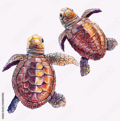 Watercolor drawing of two ocean turtle baby reptile isolated on white background.