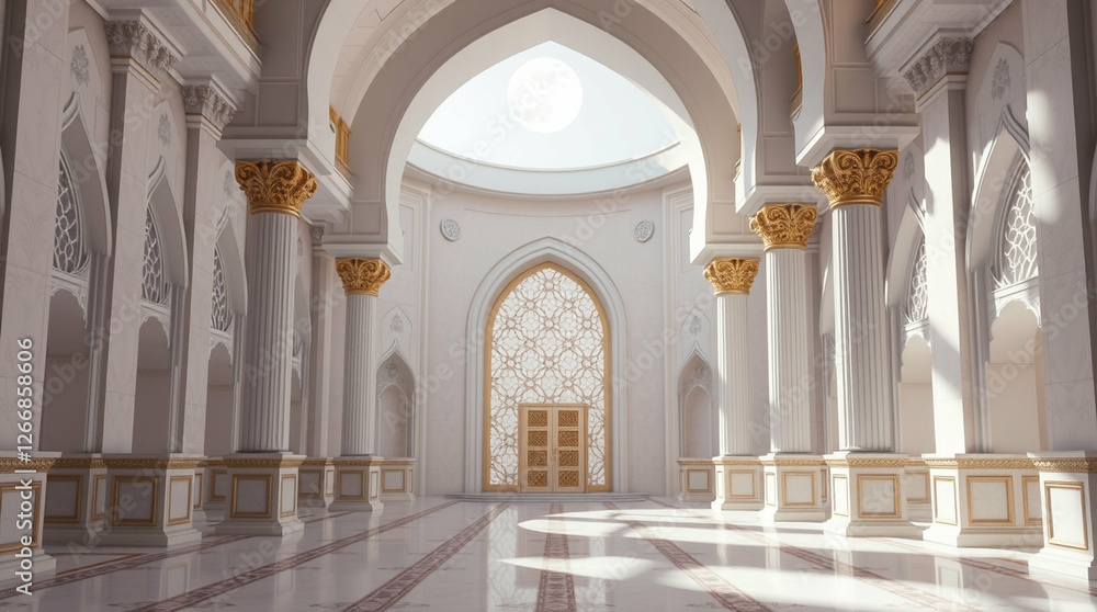 Fototapeta premium Serene architecture featuring arches, columns, and golden ornamentation