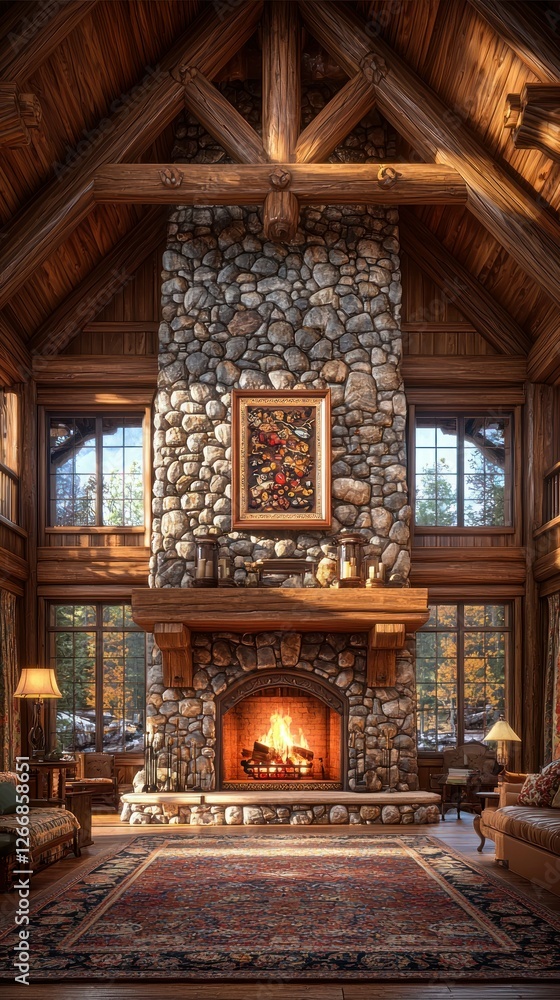 Obraz premium Rustic cabin interior design with fireplace and woodland views for travel ads