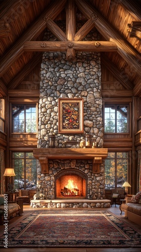 Rustic cabin interior design with fireplace and woodland views for travel ads