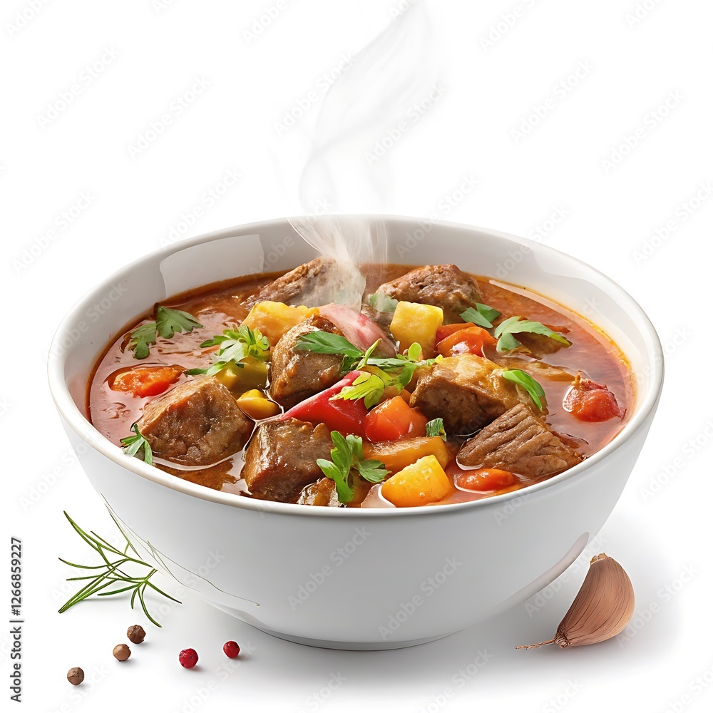 Delicious Bowl of Meat Stew with Vegetables on a White Background Isolated on white Background Delicious Bowl of Meat Stew with Vegetables on a White Background Isolated on white Background