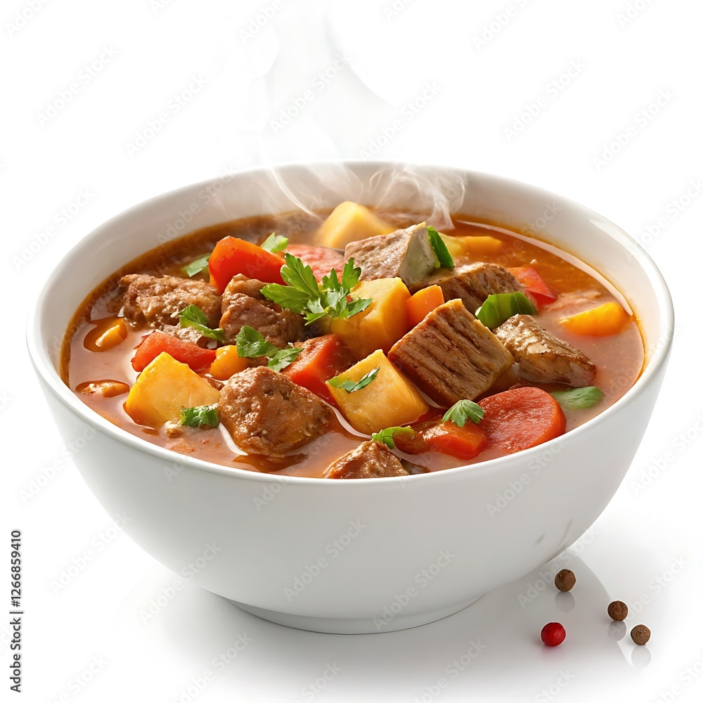 Delicious Bowl of Meat Stew with Vegetables on a White Background Isolated on white Background Delicious Bowl of Meat Stew with Vegetables on a White Background Isolated on white Background