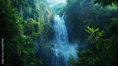 Lush jungle waterfall cascading down, misty background, nature serenity, travel backdrop