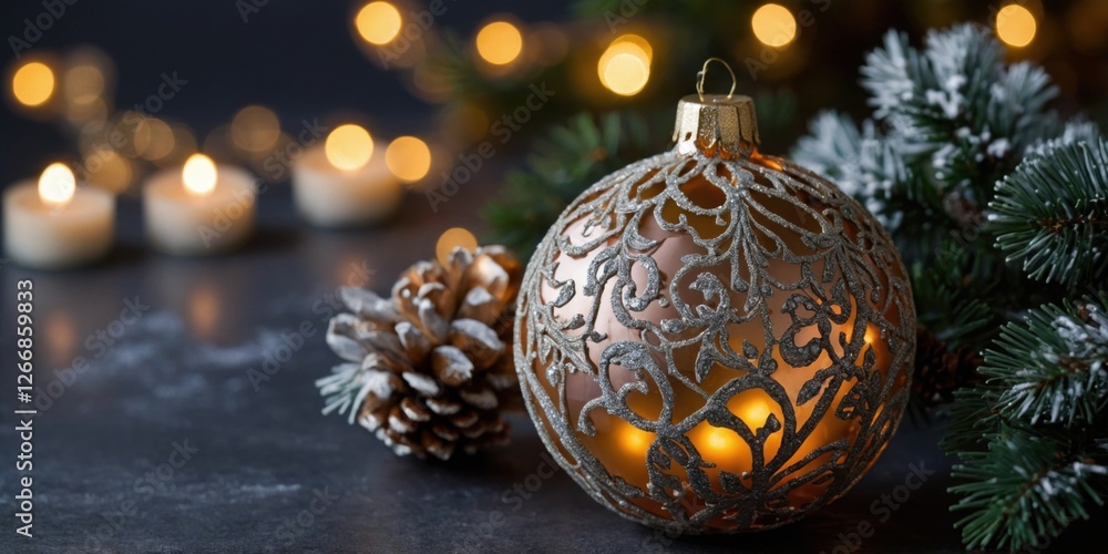 Blue Ornament on Frosty Tree Branch with Soft Golden Lights Blue Ornament on Frosty Tree Branch with Soft Golden Lights