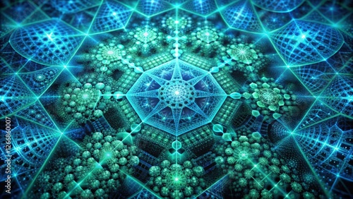 Wallpaper Mural Intricate Geometric Pattern with Teal and Blue Hues, Featuring a Central Hexagonal Design and a Complex Network of Interconnected Shapes, Creating a Visually Stunning and Hypnotic Effect Torontodigital.ca