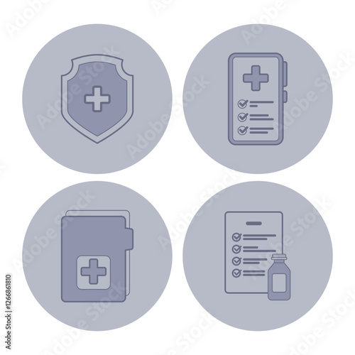 Four line icons with key health care elements such as shield for protection, checklist, medical book, and prescription bottle. Healthcare concept