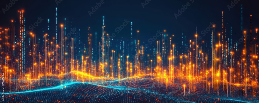 Obraz premium Abstract Digital Landscape: A mesmerizing digital artwork depicting a glowing, futuristic landscape. Vivid orange and blue lights illuminate a dynamic terrain.