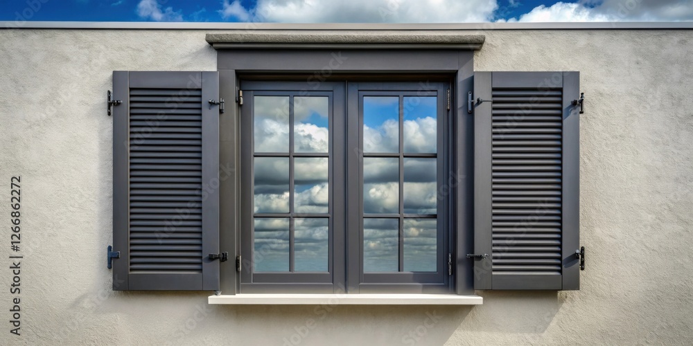 Fototapeta premium Dark gray window shutters reflecting a partly cloudy sky on a light beige stucco wall