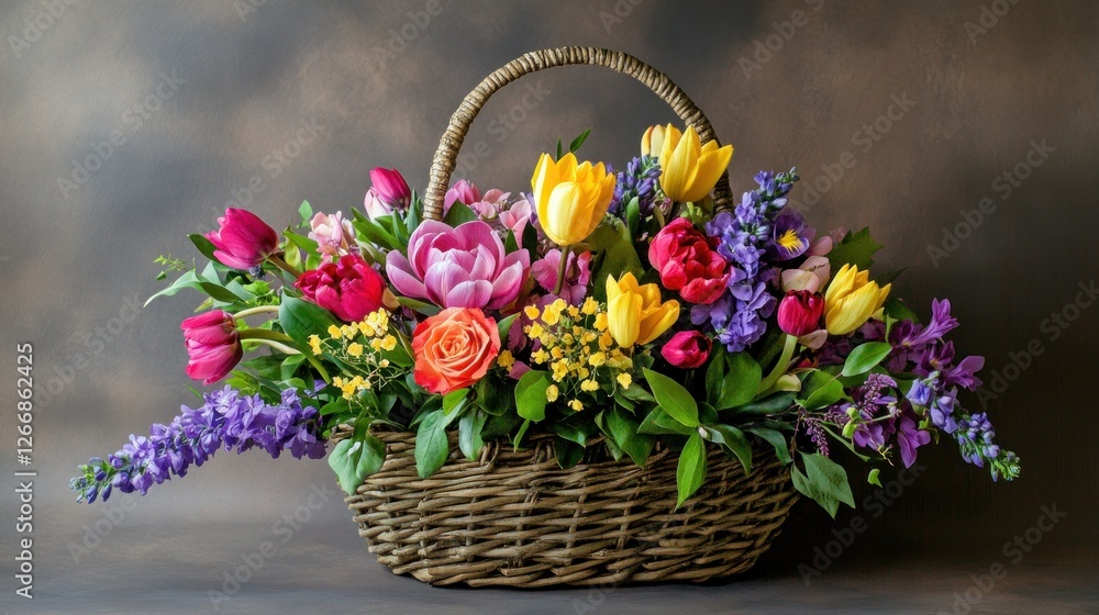 Vibrant spring flowers arranged in a rustic wicker basket. Vibrant spring flowers arranged in a rustic wicker basket.