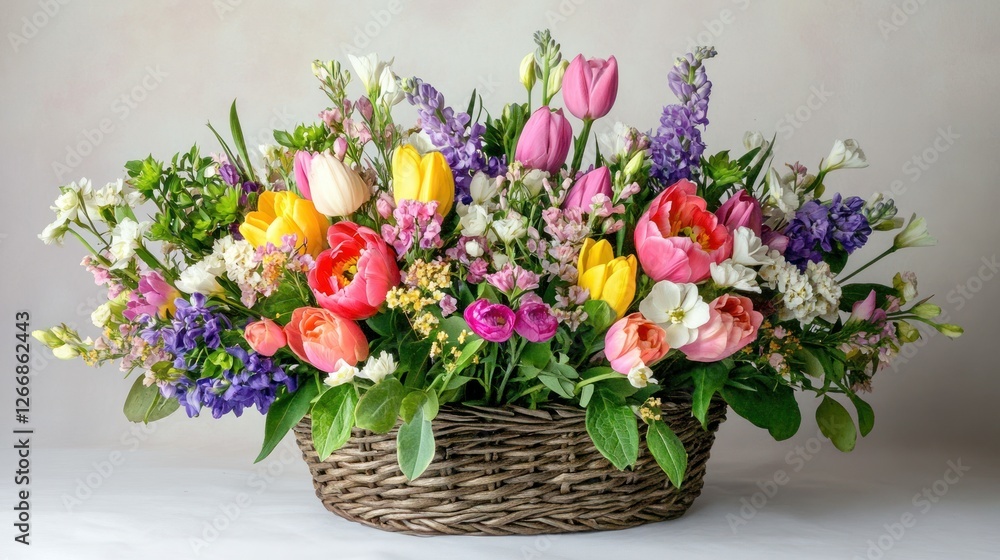 Vibrant spring flower arrangement in a rustic woven basket. Vibrant spring flower arrangement in a rustic woven basket.