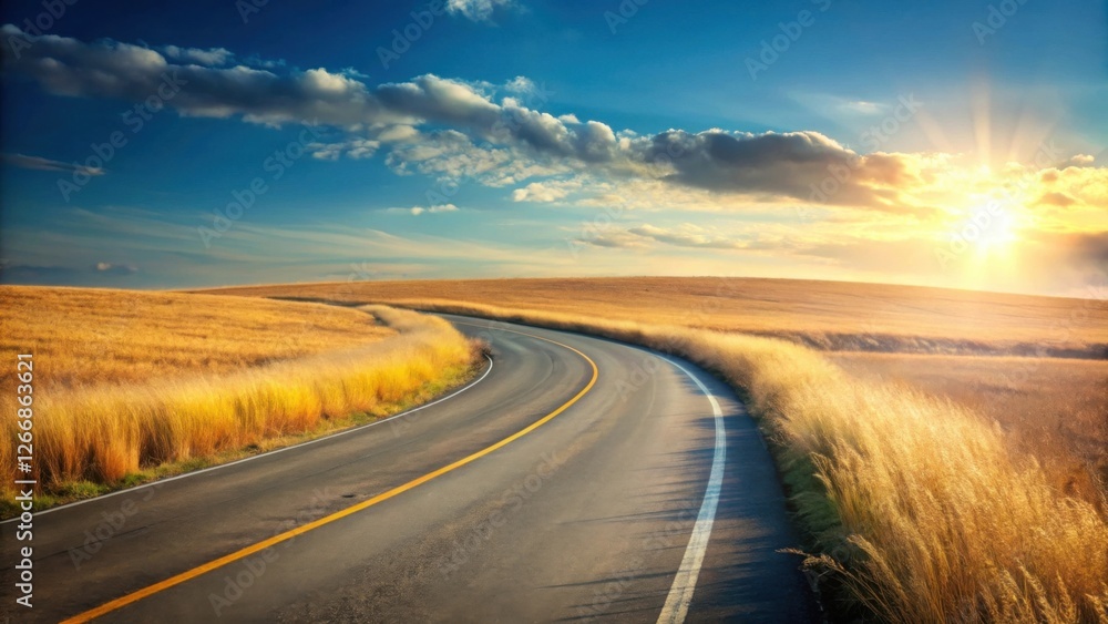 Serene Sunset Drive Through Golden Fields A Winding Asphalt Road Under a Vivid Sky Serene Sunset Drive Through Golden Fields A Winding Asphalt Road Under a Vivid Sky