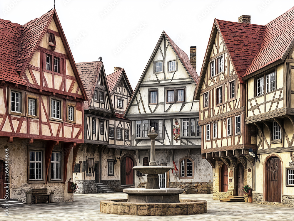 Fototapeta premium Detailed close-up of medieval architecture in a historic setting with a fountain.