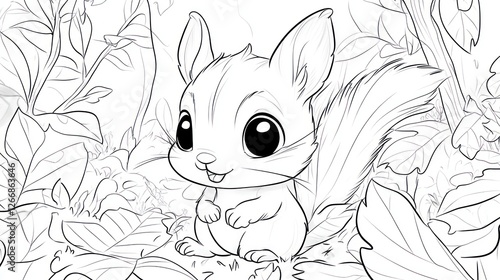 Cute cartoon squirrel in foliage, coloring book image, kids activity photo