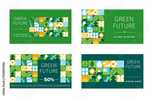 Abstract geometric cards with nature pattern. Eco design set