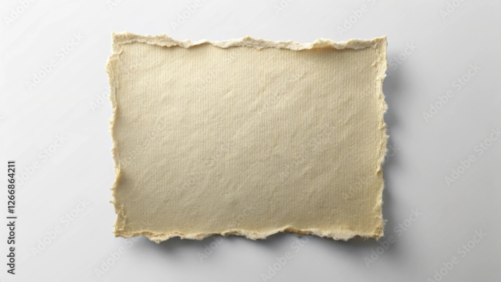 Fototapeta premium A Torn Piece of Pale Yellow Textured Paper with Irregular Edges Isolated on a White Background