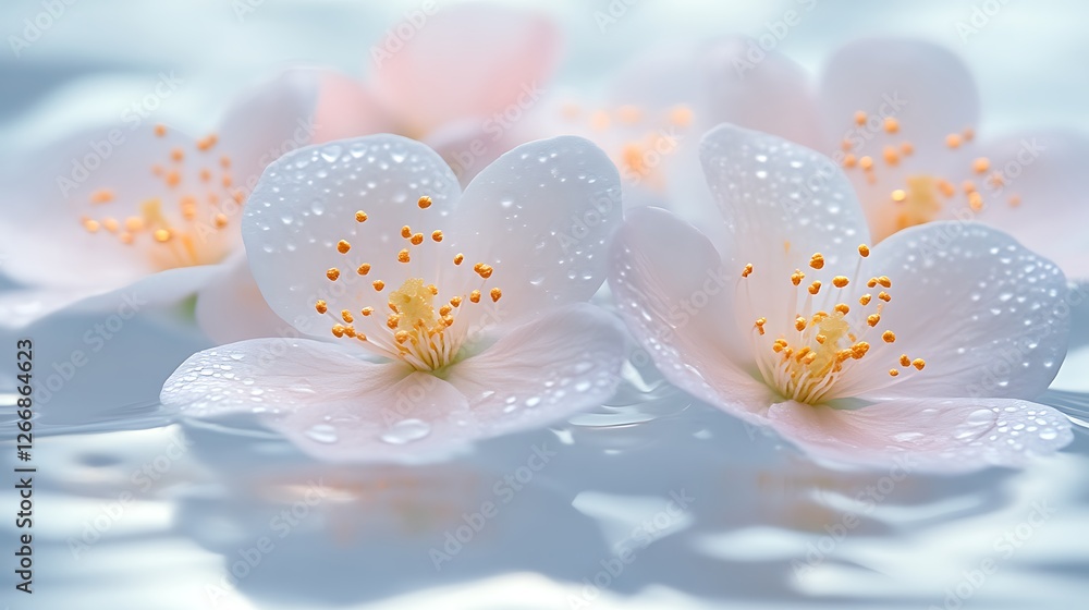 Delicate Dew Kissed Blossoms Float Gently On Water Delicate Dew Kissed Blossoms Float Gently On Water
