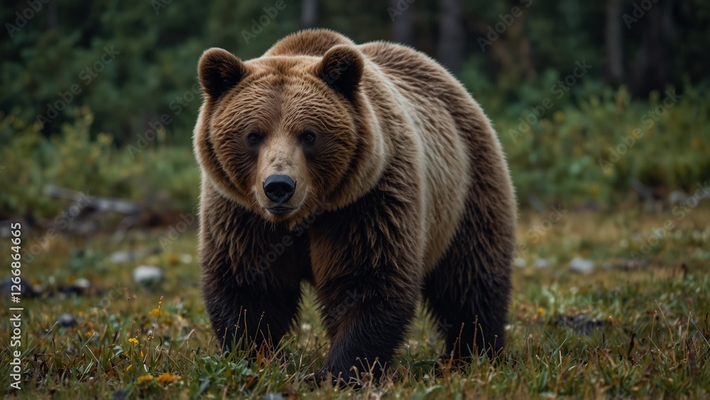 Fototapeta premium Brown Bear with Fierce Demeanor, Staring Intently against Forest Background 