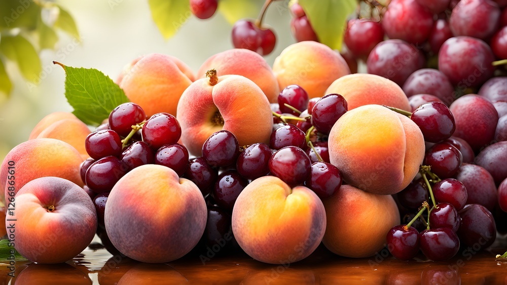 Juicy peaches, cherries, and grapes overflow in a vibrant summer fruit still life. Juicy peaches, cherries, and grapes overflow in a vibrant summer fruit still life.