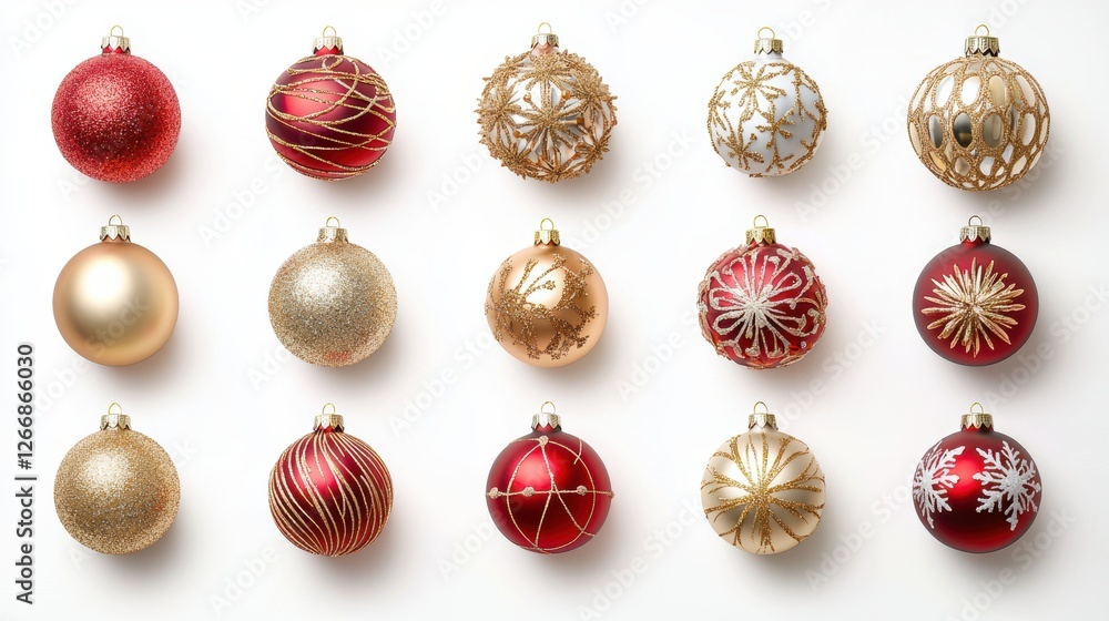 set of shimmering Christmas ornaments in red, gold, and white with intricate designs set of shimmering Christmas ornaments in red, gold, and white with intricate designs