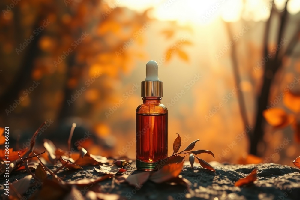 Natural essential oil in golden autumn setting. Skincare product, ideal for cosmetic product mockup Natural essential oil in golden autumn setting. Skincare product, ideal for cosmetic product mockup