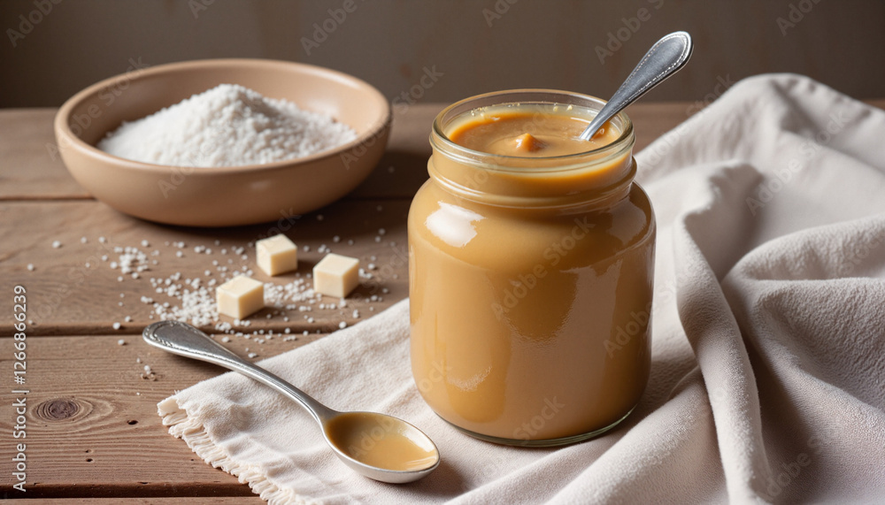 Creamy dulce de leche jar with soft caramel shine on rustic wooden table Creamy dulce de leche jar with soft caramel shine on rustic wooden table
