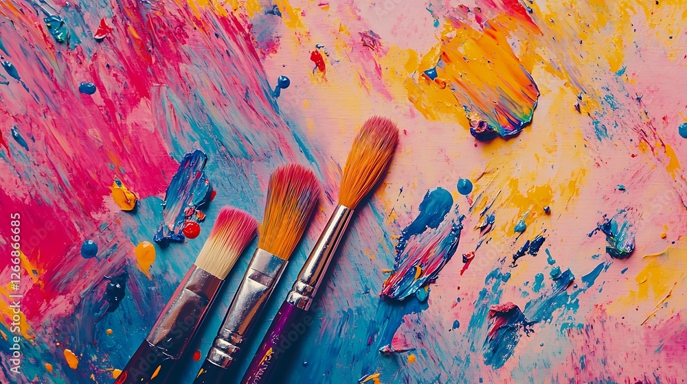 Fototapeta premium Vibrant Abstract Painting with Colorful Brush Strokes and Artistic Paintbrushes