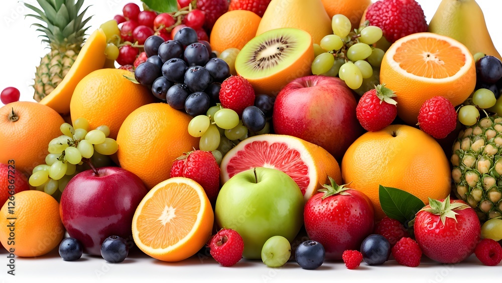 A vibrant pile of fresh fruits including oranges, apples, grapes, berries, kiwi, and pineapple, isolated on white. A vibrant pile of fresh fruits including oranges, apples, grapes, berries, kiwi, and pineapple, isolated on white.