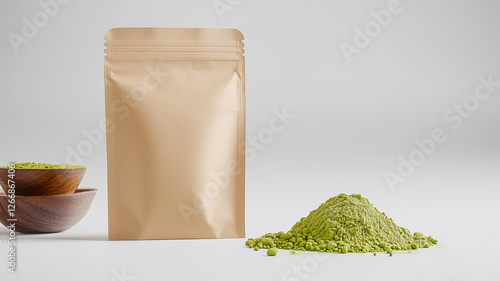 A close-up of artisanal superfood packaging, presenting matcha beautifully.