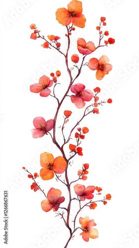 Watercolor painting of a delicate branch with orange flowers and berries on a white background.