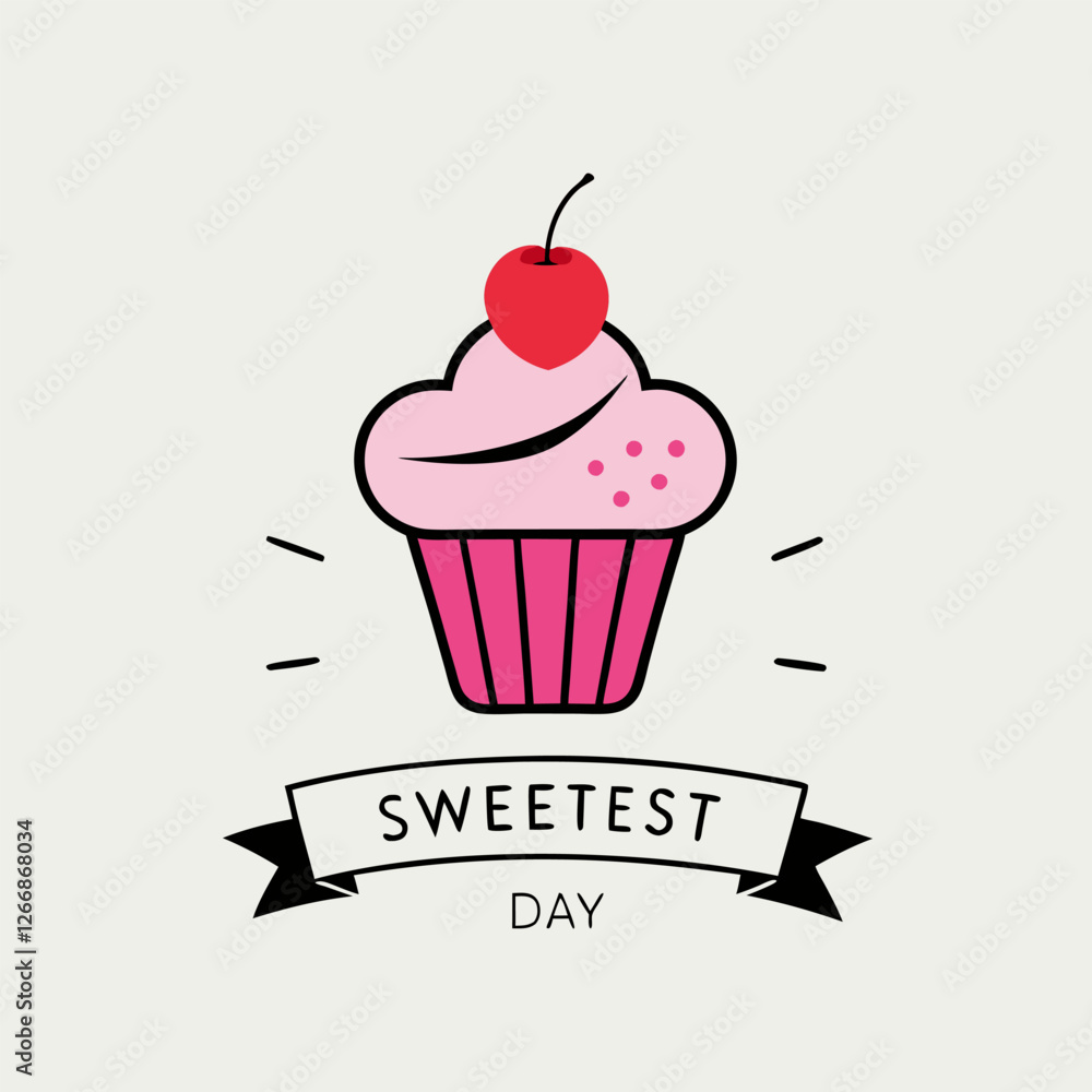 Sweetest day minimalist vector web banner, border, background, poster with cupcake and cherry on top. Single line art colorful illustration with lettering Sweetest day. vector on white background. Sweetest day minimalist vector web banner, border, background, poster with cupcake and cherry on top. Single line art colorful illustration with lettering Sweetest day. vector on white background.