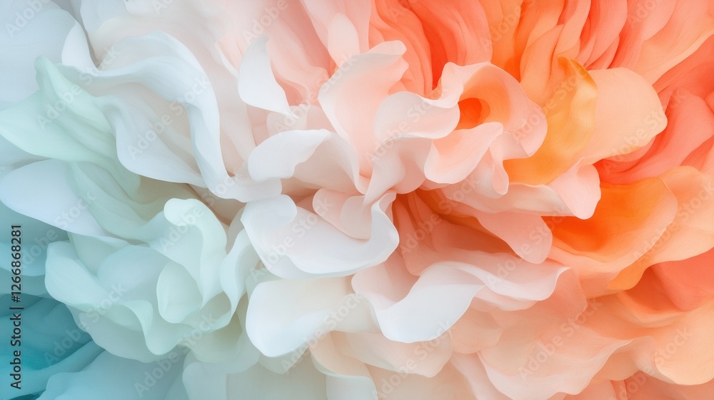 A close-up of delicate, layered petals showcasing a blend of soft peach, white, and turquoise hues, creating a serene floral aesthetic.