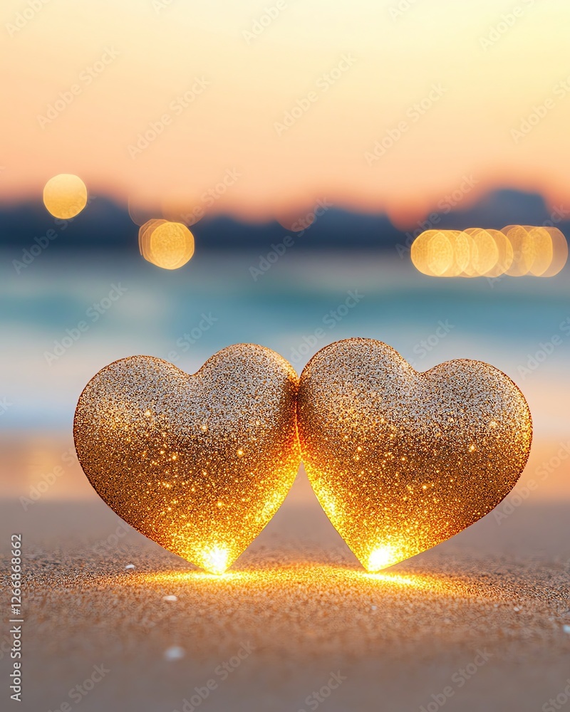 Fototapeta premium Romantic Twin Hearts Eternal Love Symbolism Glittering golden hearts on a sandy beach symbolize love and connection at sunset.