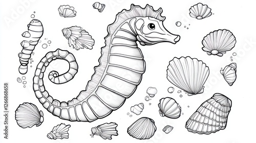 Seahorse and Seashells, Black and White, Illustration, Coloring Book, Educational, Kids, Art, Background photo