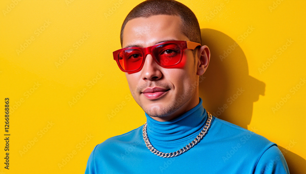 Confident young man wearing red sunglasses and blue turtleneck against yellow wall, effortless cool Confident young man wearing red sunglasses and blue turtleneck against yellow wall, effortless cool