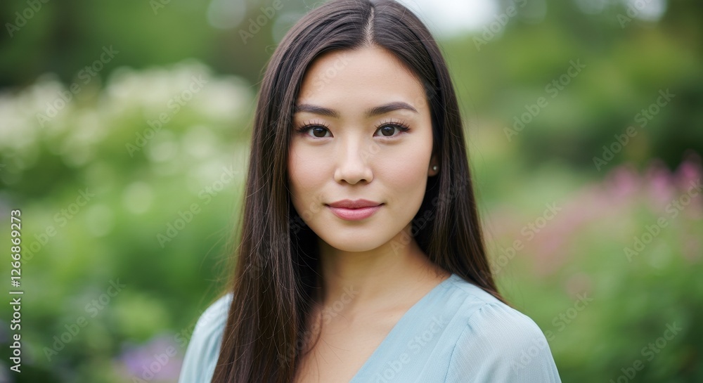 Natural Portrait of a Young Woman in an Outdoor Garden Setting with Soft Focus Background Natural Portrait of a Young Woman in an Outdoor Garden Setting with Soft Focus Background