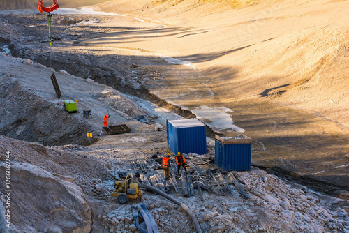 Lago di Barcis - Barcis artificial lake drained of water for routine maintenance, in Friuli-Venezia Giulia, north east Italy. The reservoir was created in 1954 for hydroelectric energy production.
