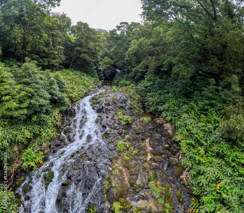 Flores island in the Azores archipelago Portugal cascade from Eira do Serrado park Flores island in the Azores archipelago Portugal cascade from Eira do Serrado park