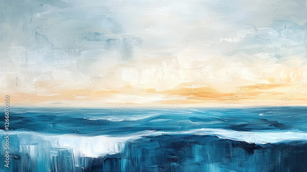 Fototapeta premium A serene abstract painting showcasing a vast ocean under a soft sky, blending shades of blue and hints of warm sunlight at the horizon.